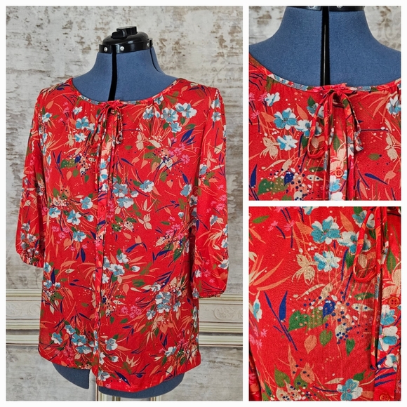 Vintage Tops - 💣 Vintage 1970s 1980s Floral Blouse Red Bow Peasant Boho 3/4 sleeve XL